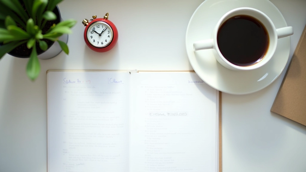 Desk with timer, notebook, and coffee cup showing Pomodoro technique setup